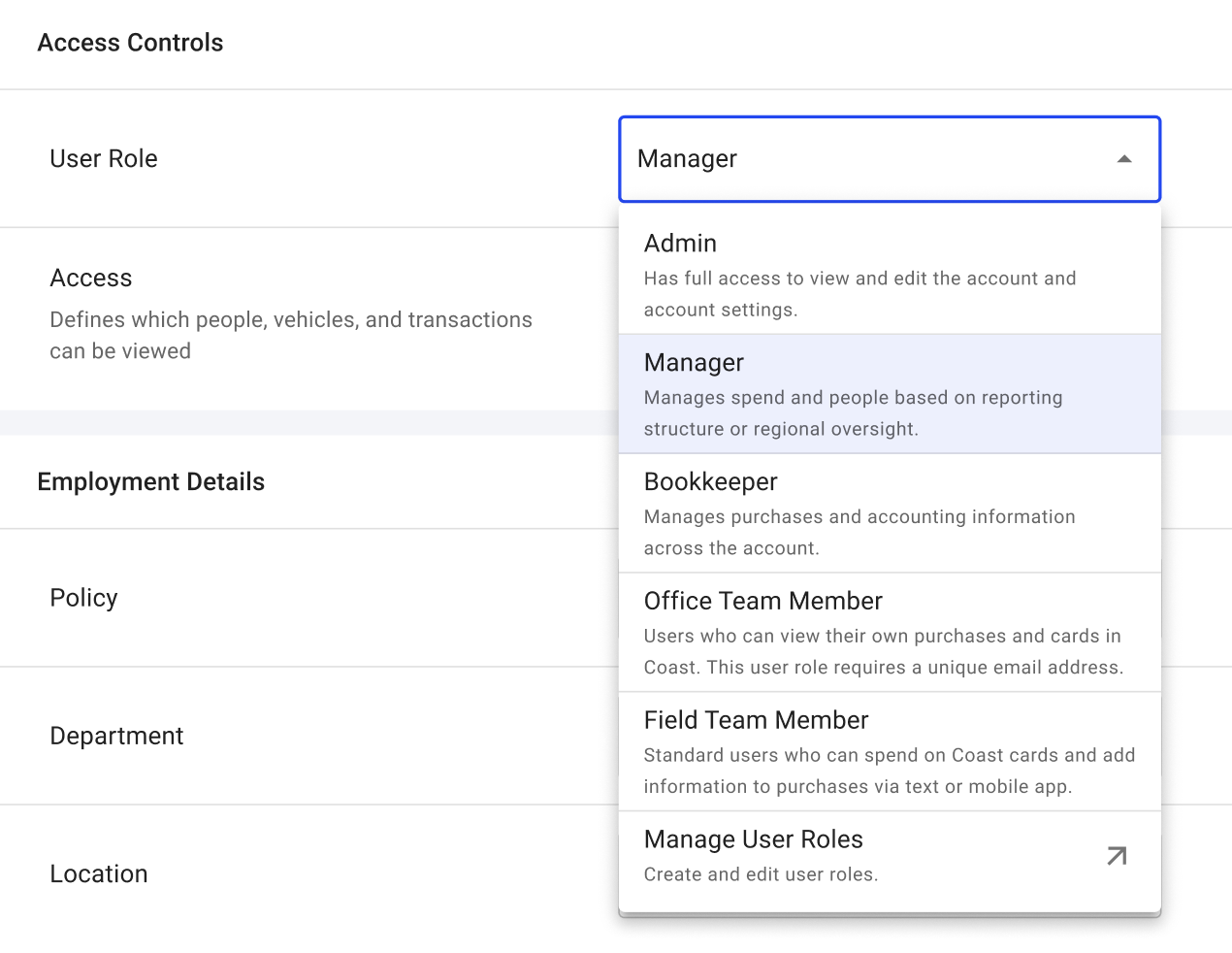 User Roles settings showing role permissions in the Coast platform